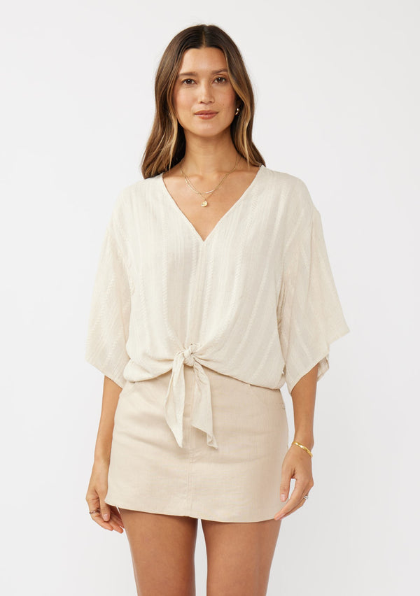 JACQUARD LINEN TIE FRONT BLOUSE - NATURAL