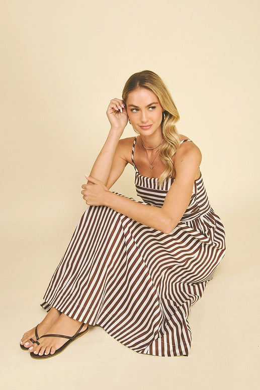 STRIPED MIDI DRESS - BROWN