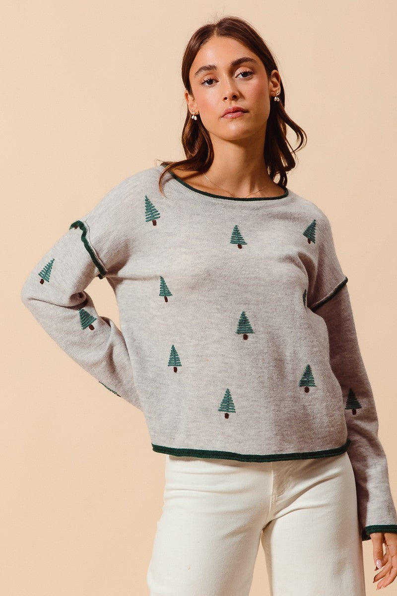 CHRISTMAS TREE EMBROIDERED SWEATER - HEATHER GREY