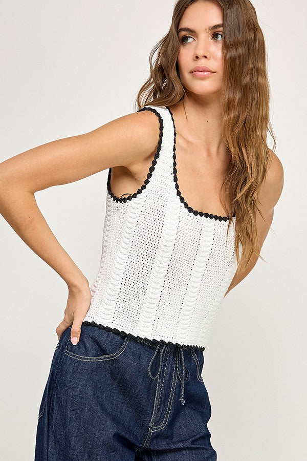 KNIT CROCHET TANK TOP - OFF WHITE/BLACK