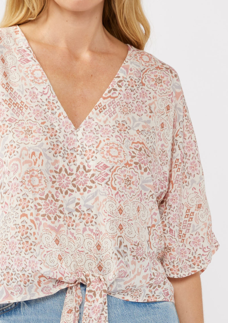 KIMONO TIE FRONT TOP - NATURAL/DUSTY PINK