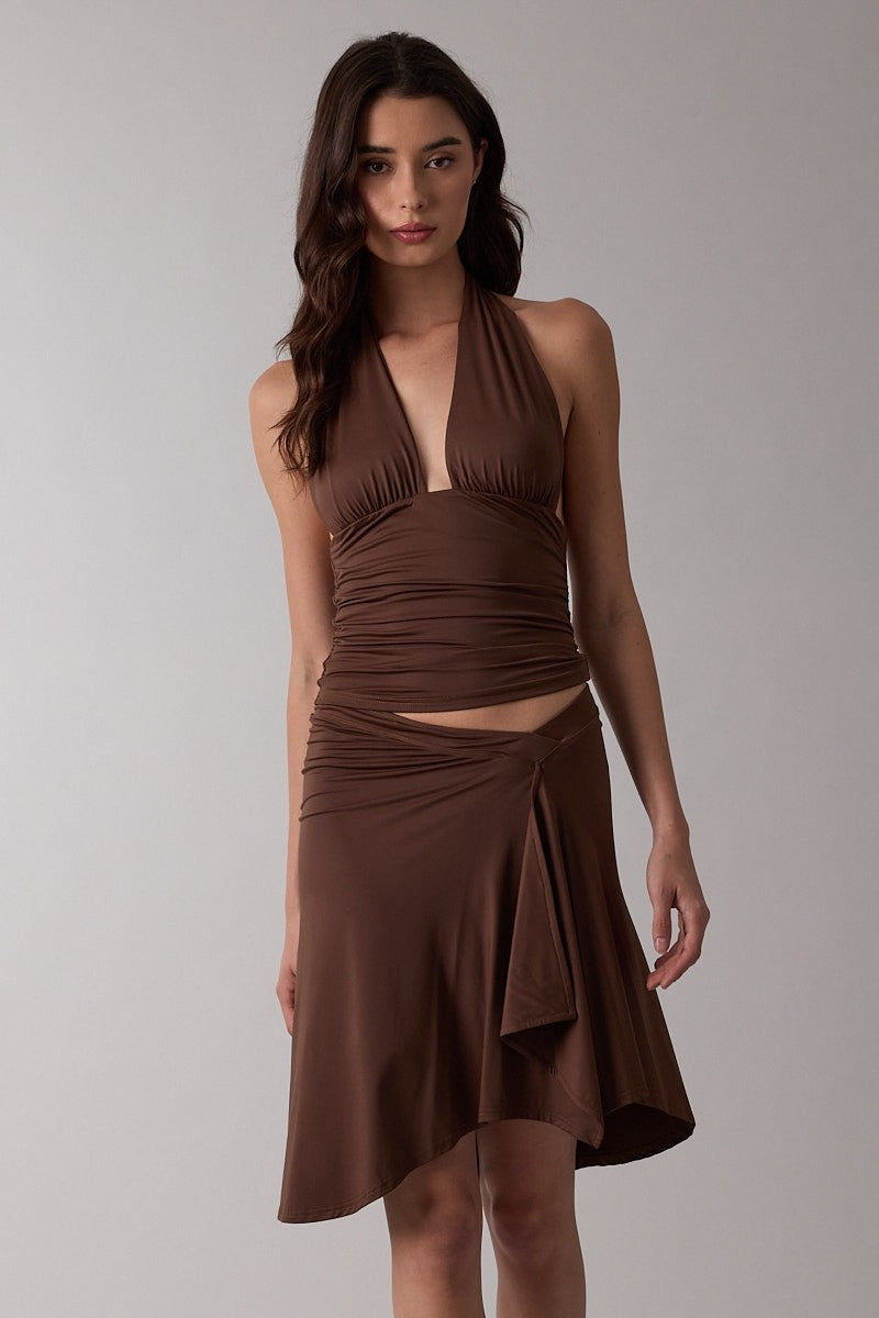 OPEN BACK HALTER TOP - BROWN