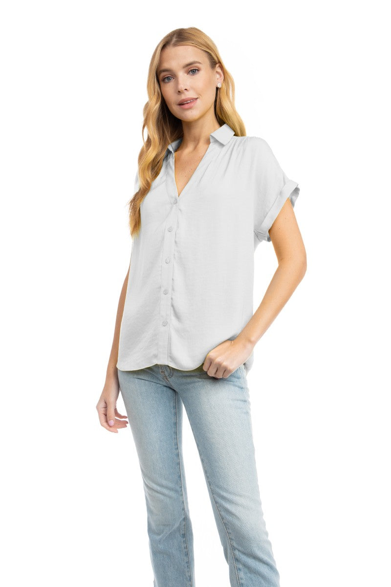 SHORT SLEEVE BUTTON FRONT BLOUSE - OFF WHITE