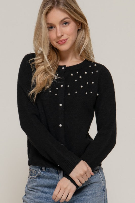 PEARL EMBELLISHED CARDIGAN - BLACK