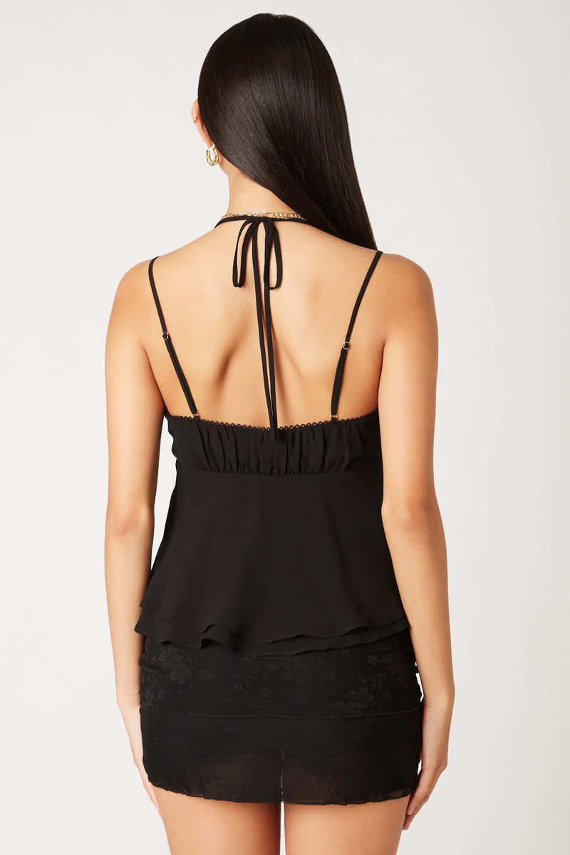 TIERED HEM HALTER TOP - BLACK