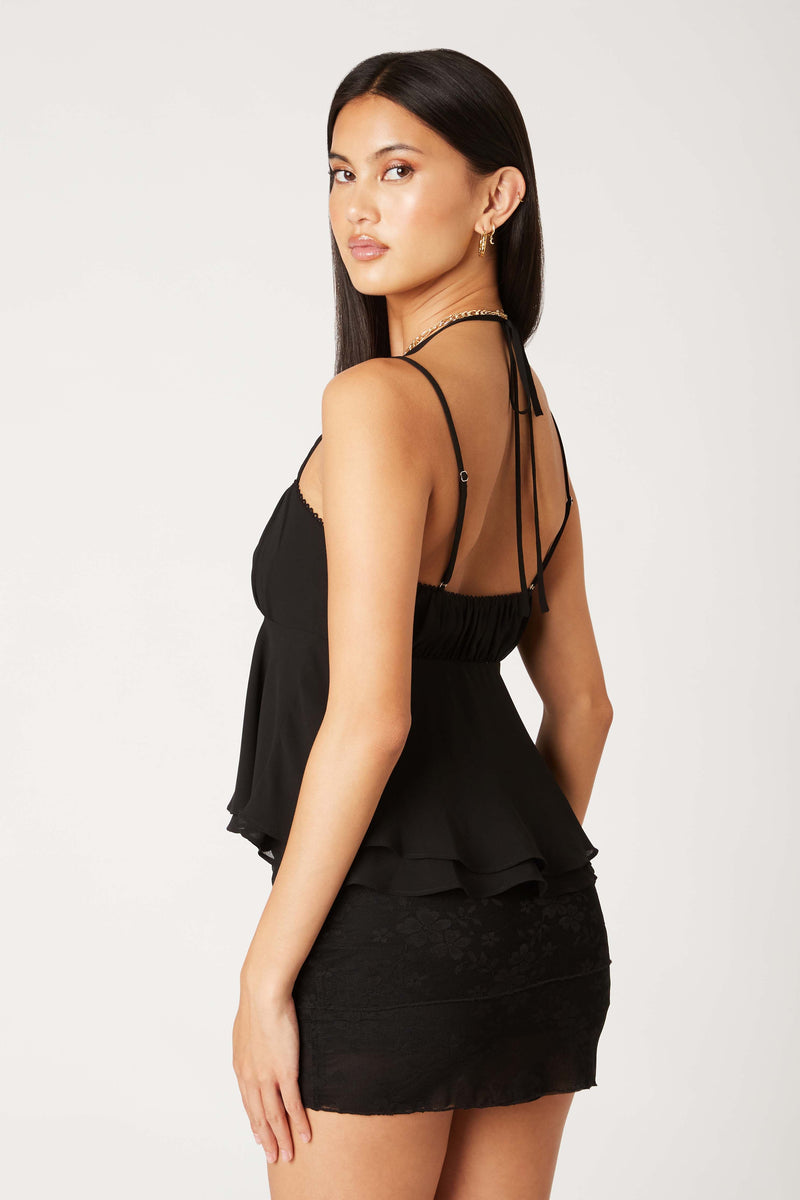 TIERED HEM HALTER TOP - BLACK