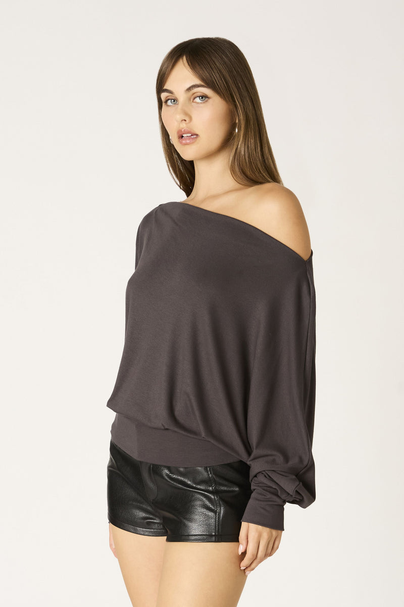 OFF SHOULDER JERSSEY KNIT TOP - SABLE