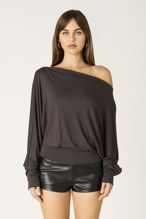 OFF SHOULDER JERSSEY KNIT TOP - SABLE