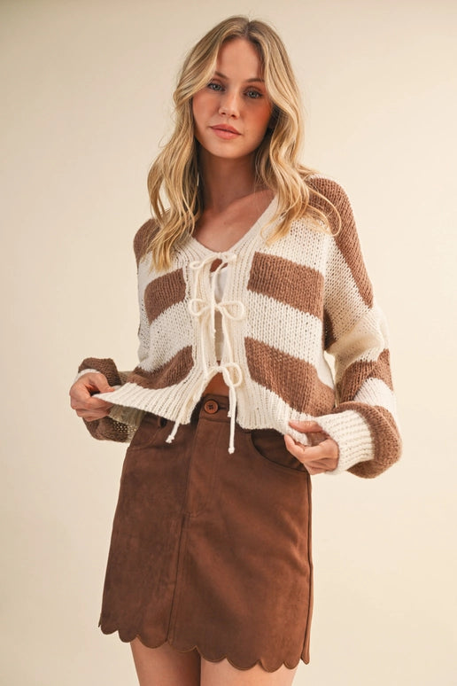 STRIPED FRONT TIE CARDIGAN - CREAM/BROWN