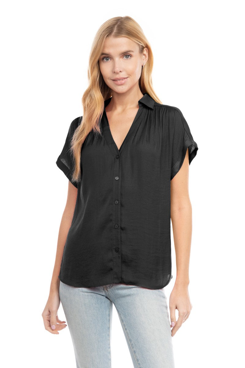 SHORT SLEEVE BUTTON FRONT BLOUSE - BLACK