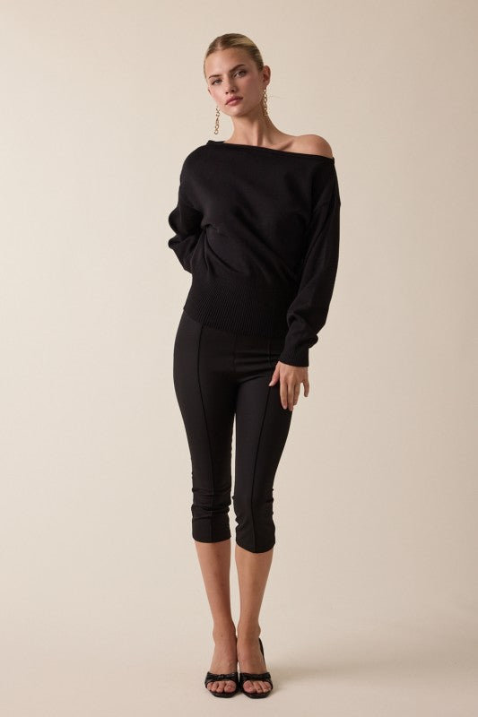ONE SHOULDER KNIT SWEATER - BLACK