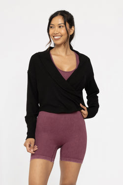 BALLET CHIC RIBBED WRAP TOP - BLACK