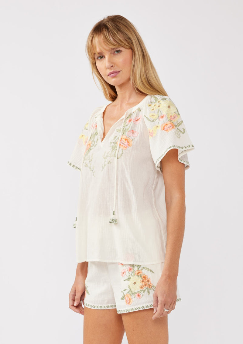 SPLIT NECK EMBROIDERED TOP - CREAM/CORAL