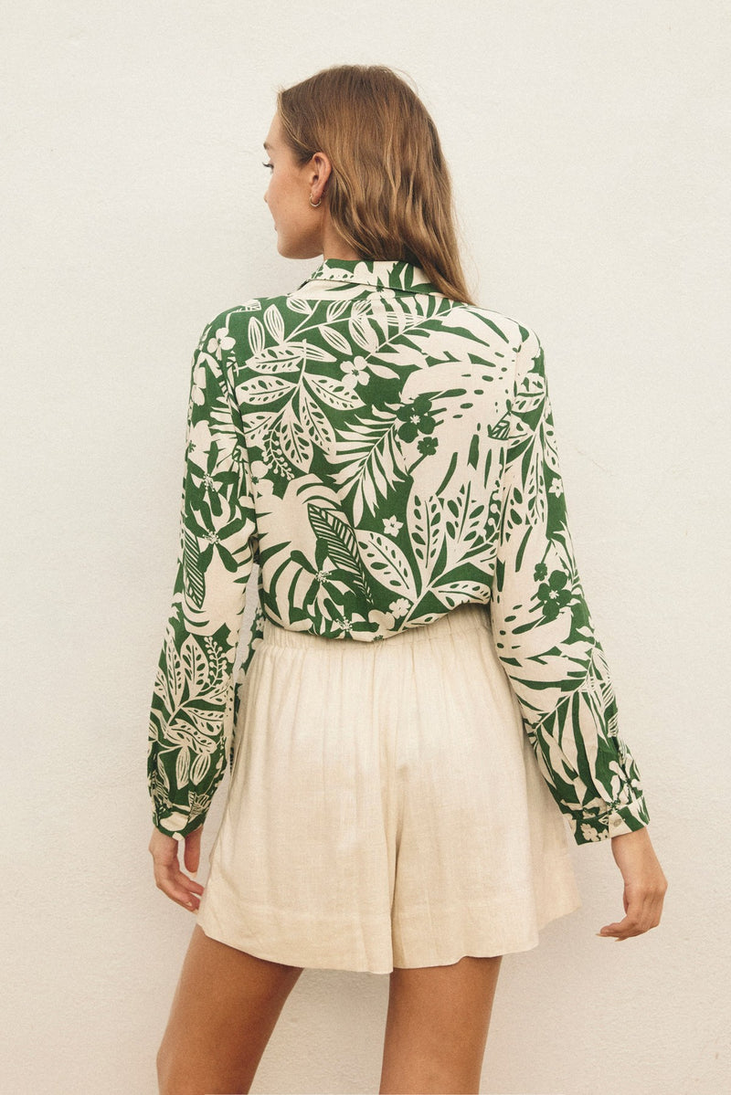 TROPICAL PRINT WRAP SHIRT - PALM GREEN