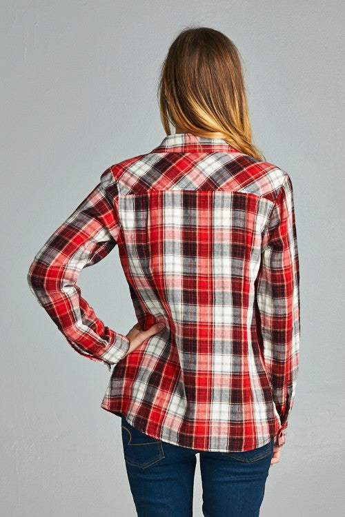 SNAP FRONT PLAID SHIRT - RED/BLACK