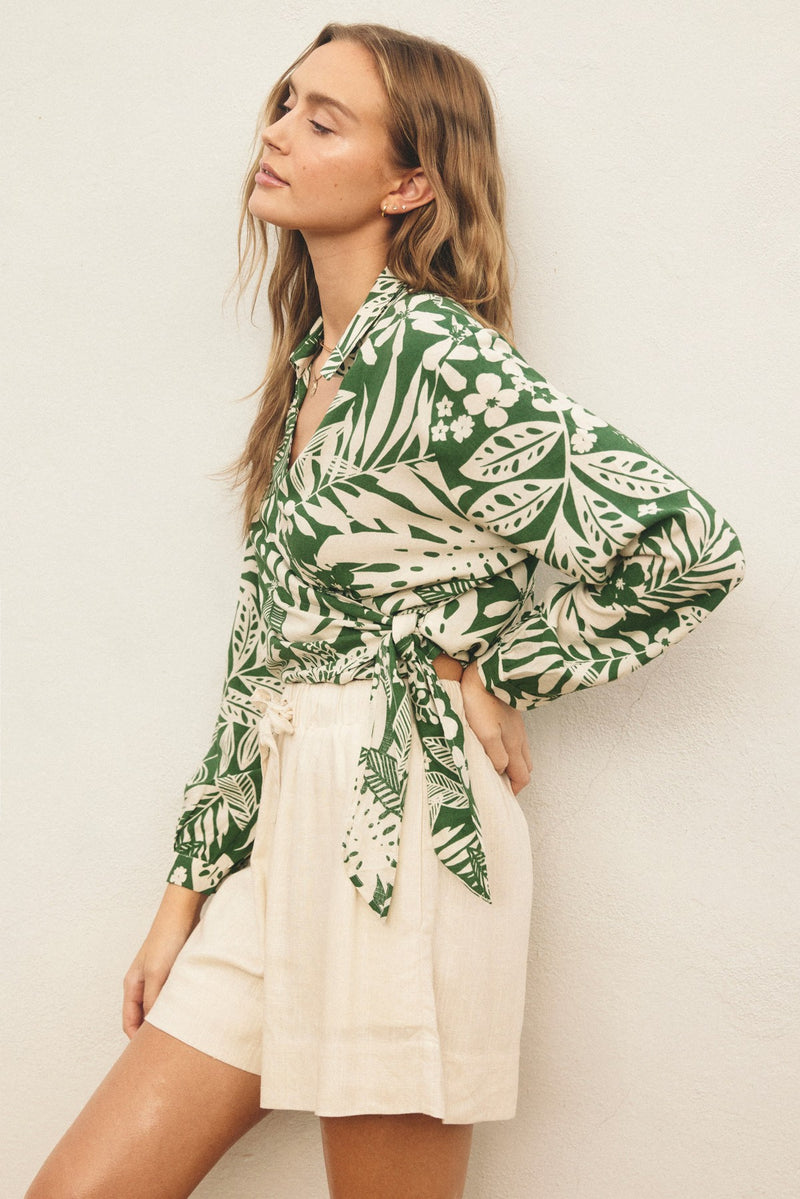 TROPICAL PRINT WRAP SHIRT - PALM GREEN