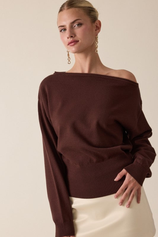 ONE SHOULDER KNIT SWEATER - DARK BROWN