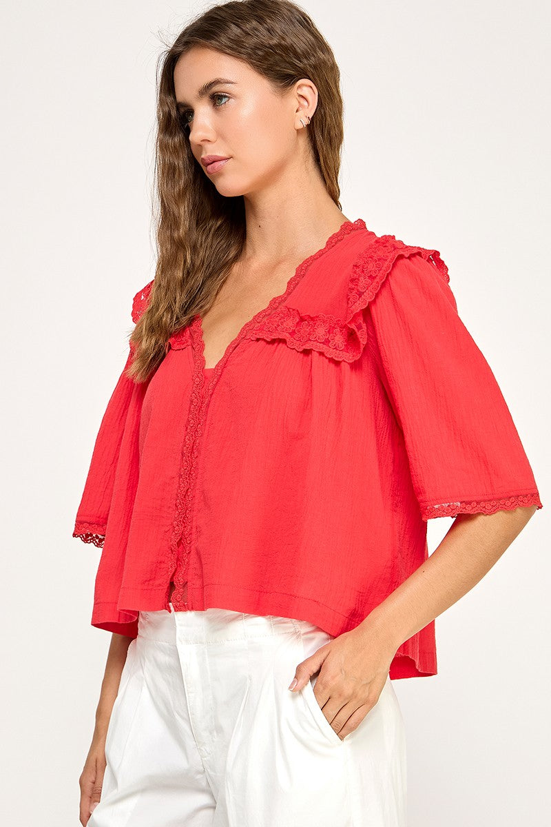 EMBROIDERED LACE TRIM BLOUSE - RED
