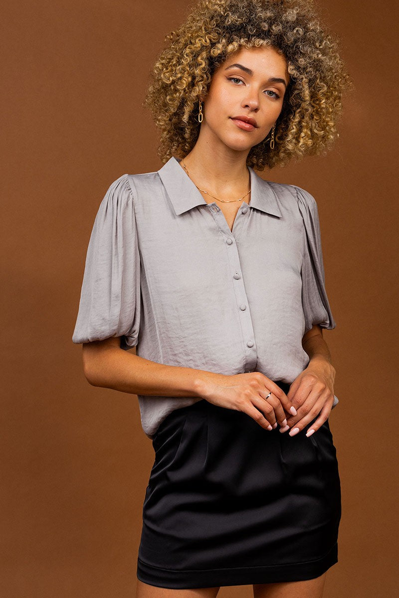 BUBBLE SLEEVE BUTTON DOWN BLOUSE - LONDON FOG