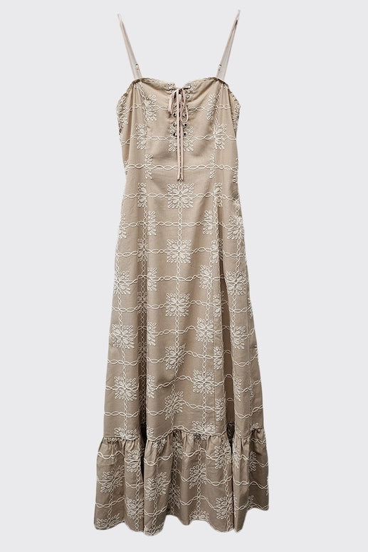 EMBROIDERED LINEN DRESS - TAUPE