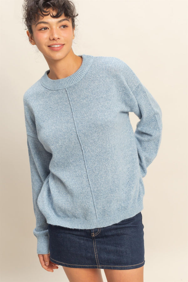 FRONT SEAM CREW NECK SWEATER - OCEAN BLUE