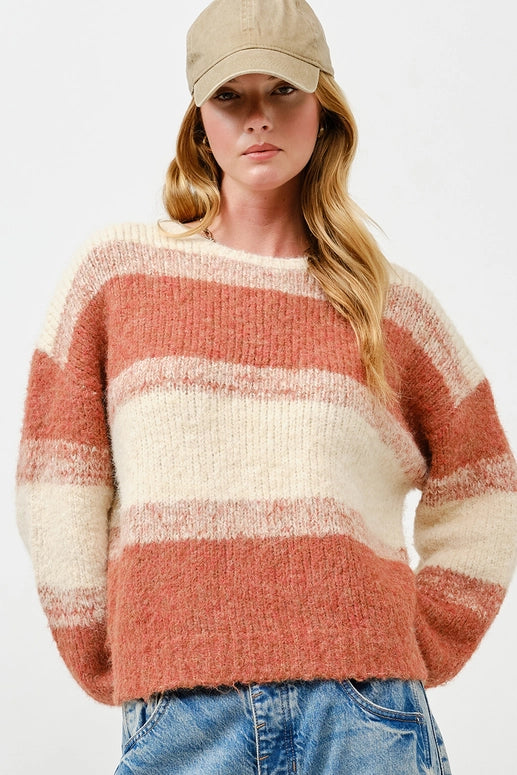 COLOR BLOCK FUZZY KNIT SWEATER - OATMEAL/RUST