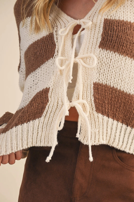 STRIPED FRONT TIE CARDIGAN - CREAM/BROWN