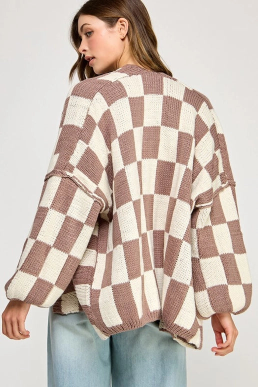 CHECKERED DROPPED SHOULDER CARDIGAN - WHITE/MINK