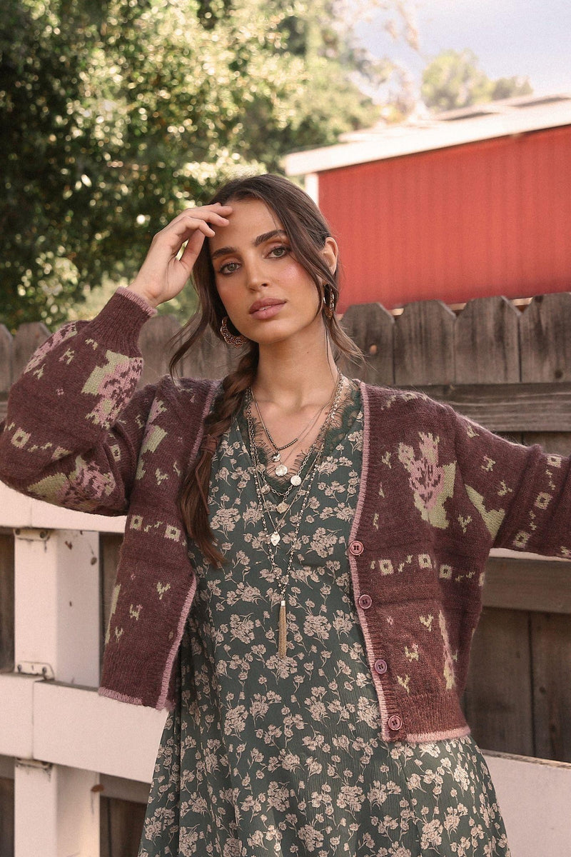 FLORAL JACQUARD CARDIGAN - CHESTNUT