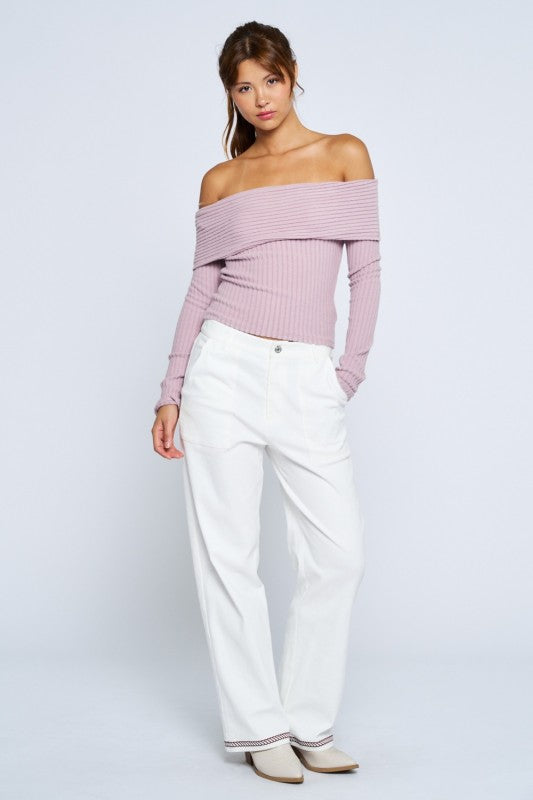 OFF SHOULDER LONG SLEEVE TOP - ELDERBERRY