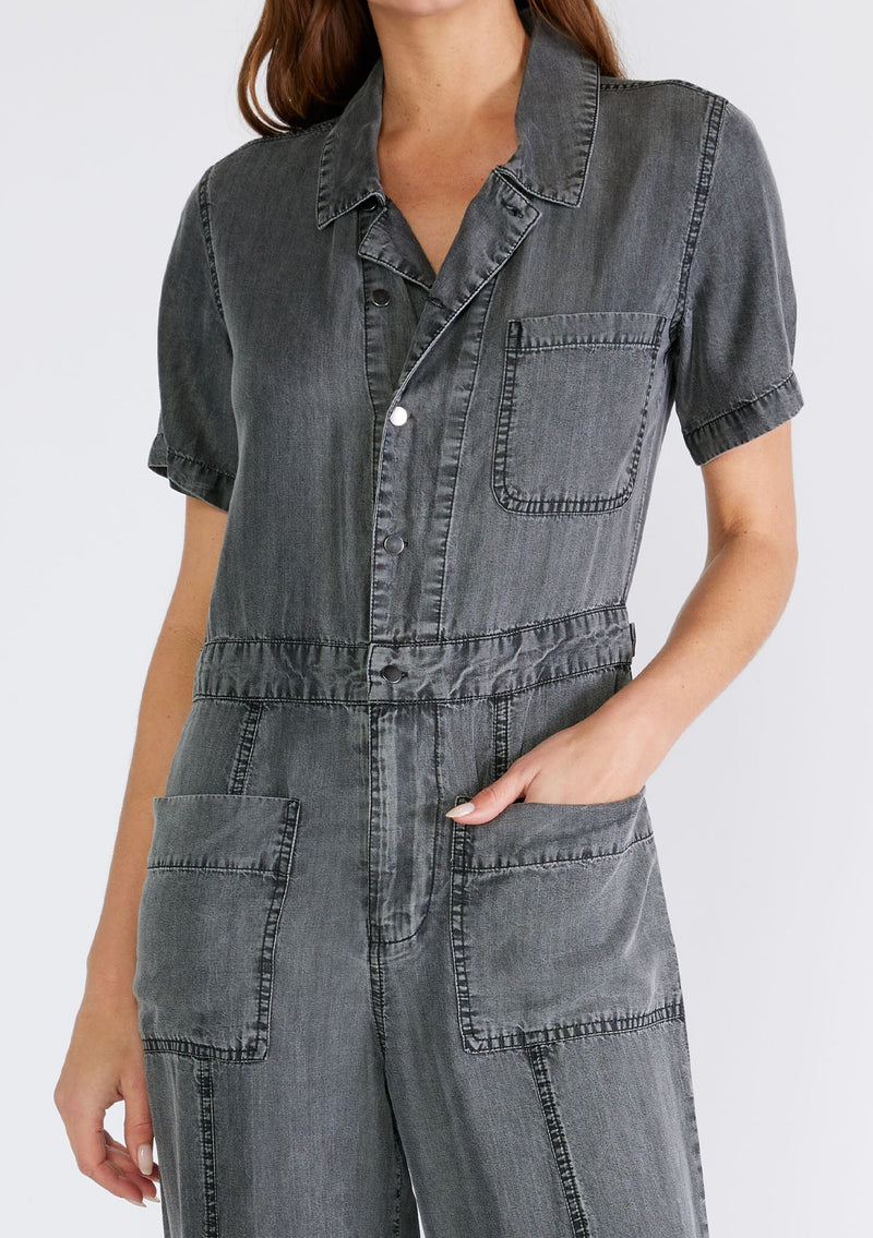 COLLARED BUTTON FRONT JUMPSUIT - ASH GREY