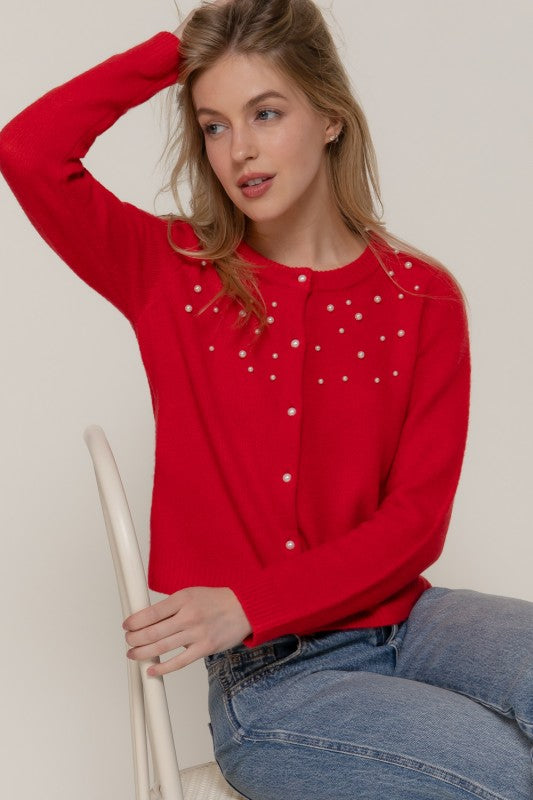 PEARL EMBELLISHED CARDIGAN - RED