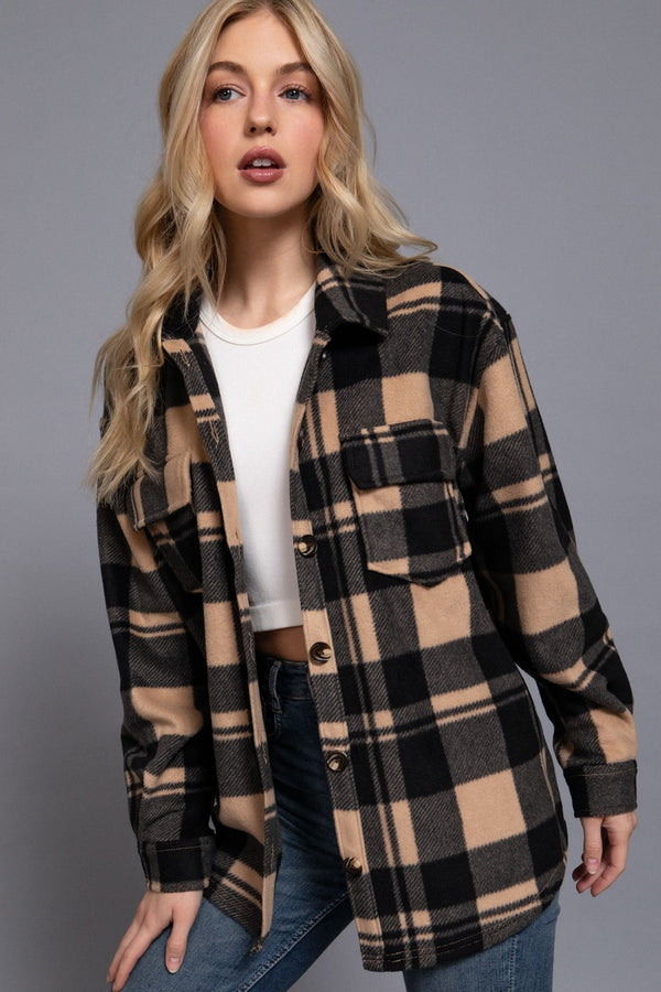 CHECKERED PRINT FLEECE SHACKET - TAUPE/BLACK