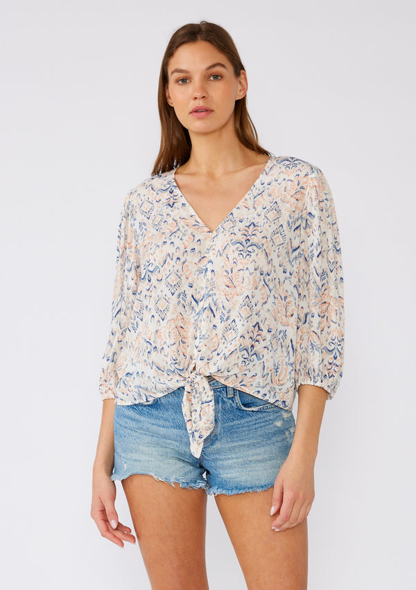 ARIANA TIE FRONT TOP - CREAM/DUSTY BLUE