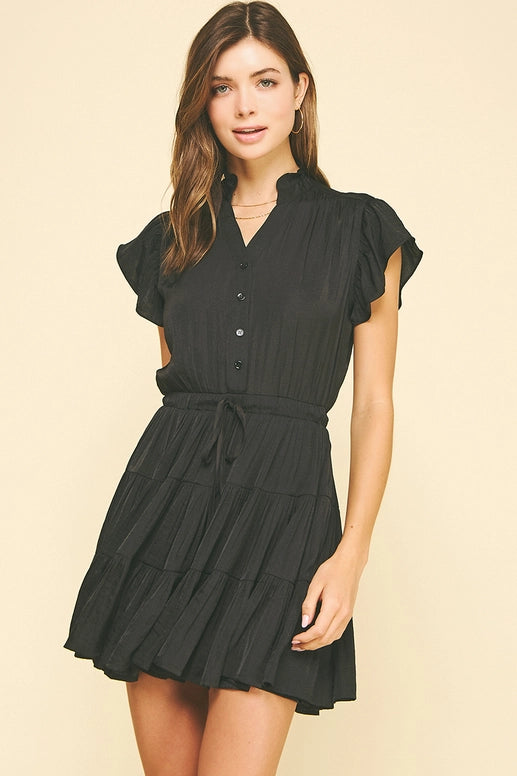 BUTTON DOWN TIERED MINI DRESS - BLACK