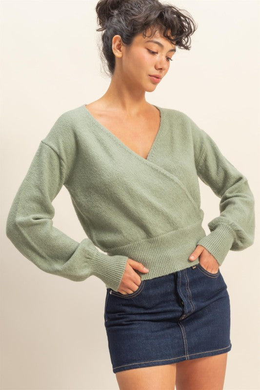 SURPLICE V-NECK SWEATER - SAGE GREEN