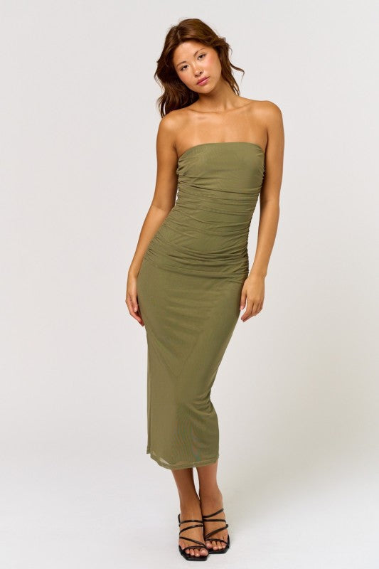 STRAPLESS RUCHED MIDI DRESS - DUSTY OLIVE