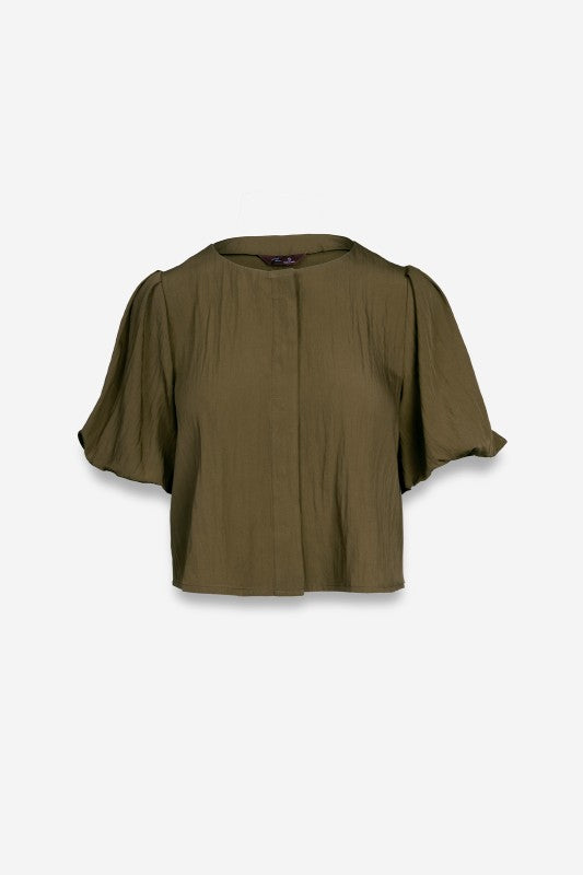 PUFF SLEEVE BUTTON UP BLOUSE - OLIVE