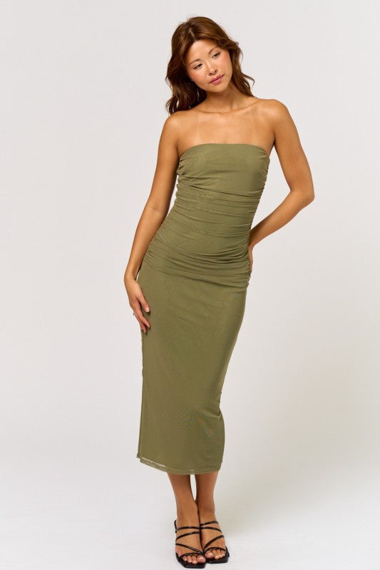 STRAPLESS RUCHED MIDI DRESS - DUSTY OLIVE