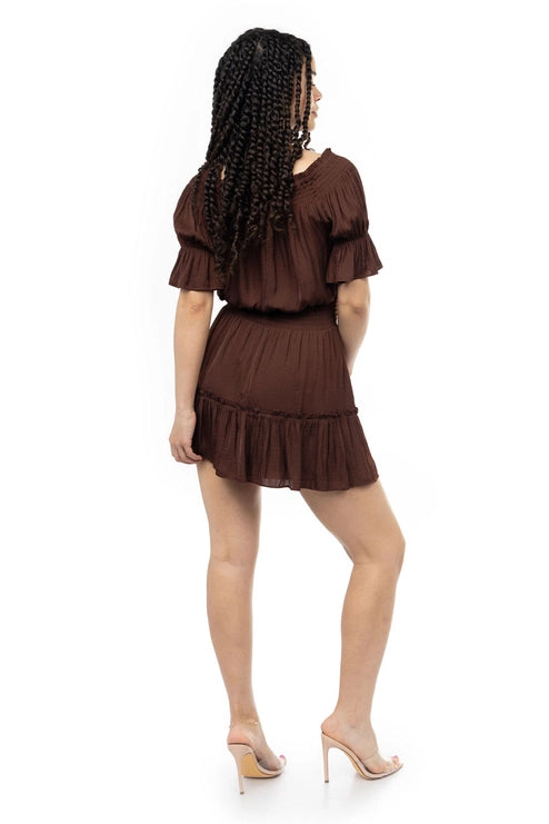 OFF SHOULDER SMOCKED MINI DRESS - CHOCOLATE