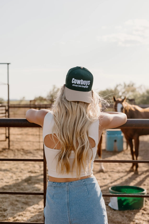 COWBOYS ARE MY LOVE LANGUAGE TRUCKER HAT - GREEN/TAN