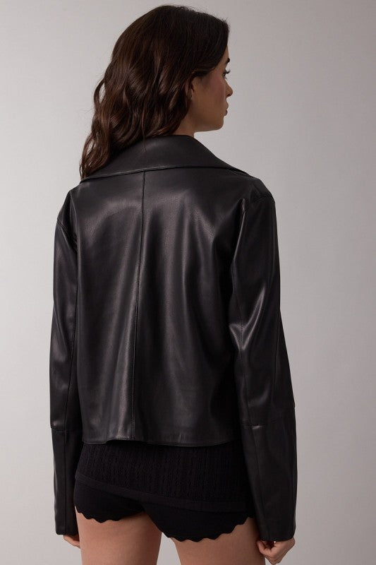 FAUX LEATHER FRONT POCKET JACKET - BLACK
