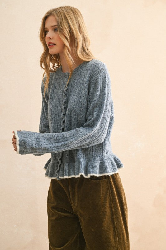 RUFFLE DETAIL SWEATER CARDIGAN - DENIM BLUE