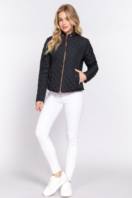 QUILTED JACKET WITH PIPING DETAIL - BLACK