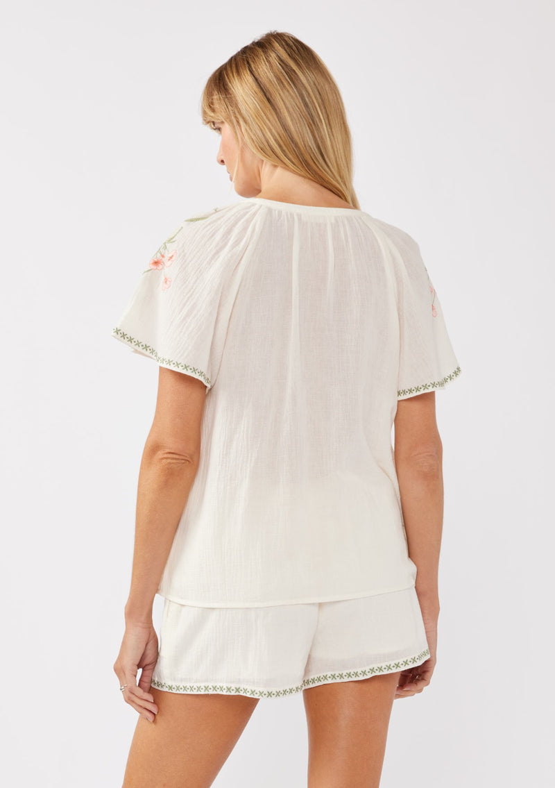 SPLIT NECK EMBROIDERED TOP - CREAM/CORAL