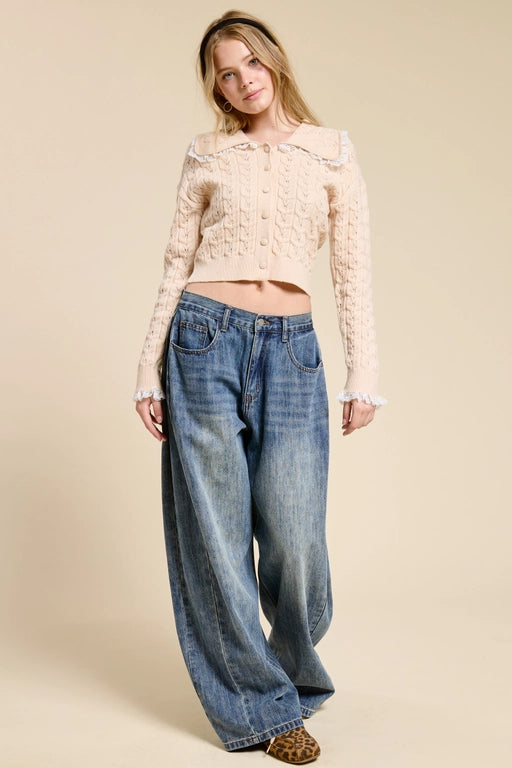 LACE TRIM CABLE KNIT CARDIGAN - APRICOT