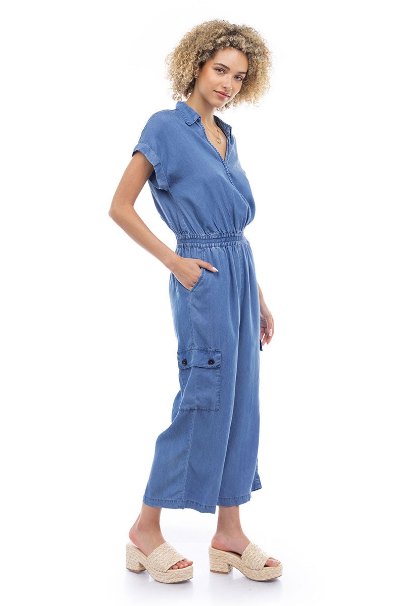 TENCEL SURPLICE CARGO JUMPSUIT - MEDIUM BUE