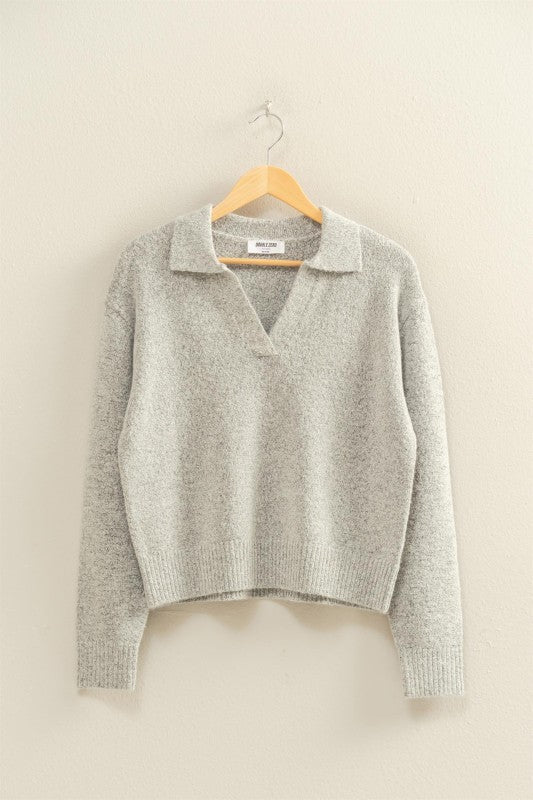 COLLARED V-NECK SWEATER - HEATHER GREY
