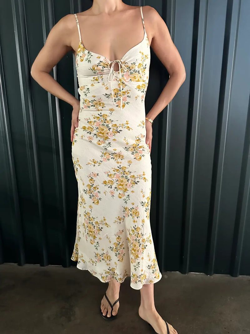 LINEN BLEND FLORAL MAXI DRESS
