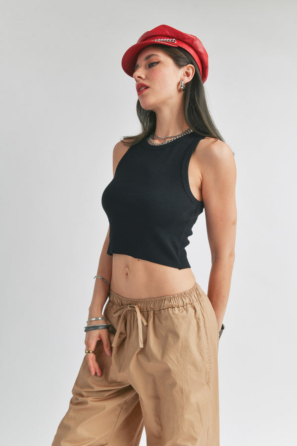 RAW EDGE CROPPED TANK TOP - BLACK